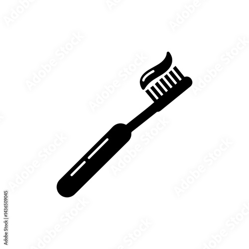 Black Filled Icon of a Toothbrush with Toothpaste Applied
