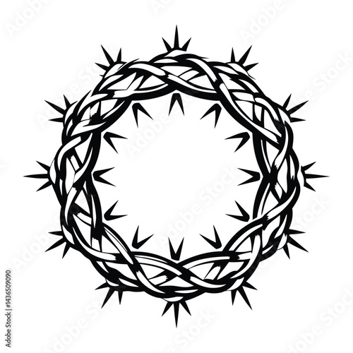 Detailed Black Silhouette of Thorns Circle Isolated on White Background Design Element