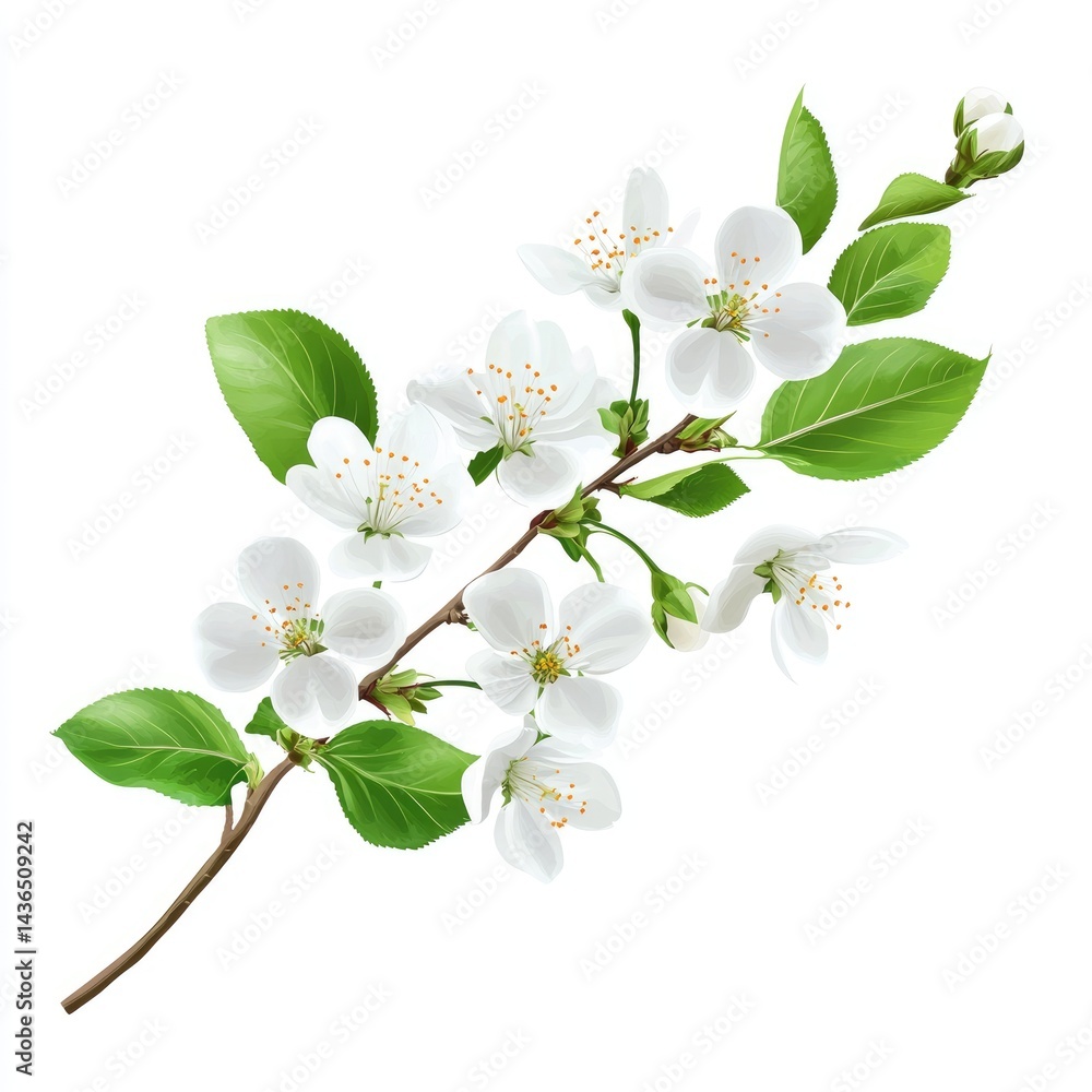 Fototapeta premium White flowers, cherry blossom branch with leaves on a white background,
