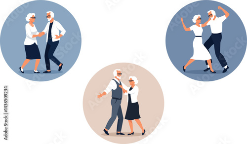Happy and in love old couple dancing to music at a party isolated on a white background. Set of elderly people, senior citizens and friends having fun and living an active, healthy and social life