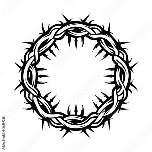 Stylized Black Crown of Thorns with Sharp Prickles Isolated on a Clean White Background