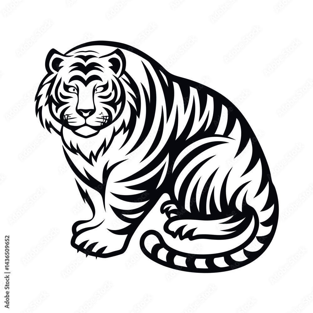 Striking Black and White Silhouette of a Sitting Tiger with Tribal Stripe Design Striking Black and White Silhouette of a Sitting Tiger with Tribal Stripe Design