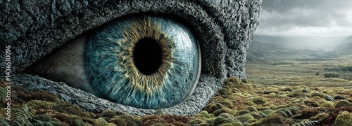 Giant eye gazes over a blurred and focused landscape in panoramic clinic advertisement