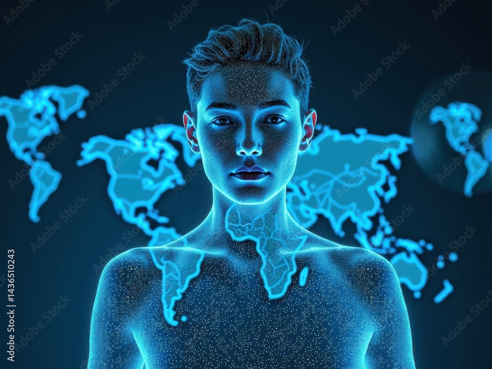 A person stands front view, displaying a hologram that represents a global network, illuminated by bright blues and whites, creating a futuristic vibe.