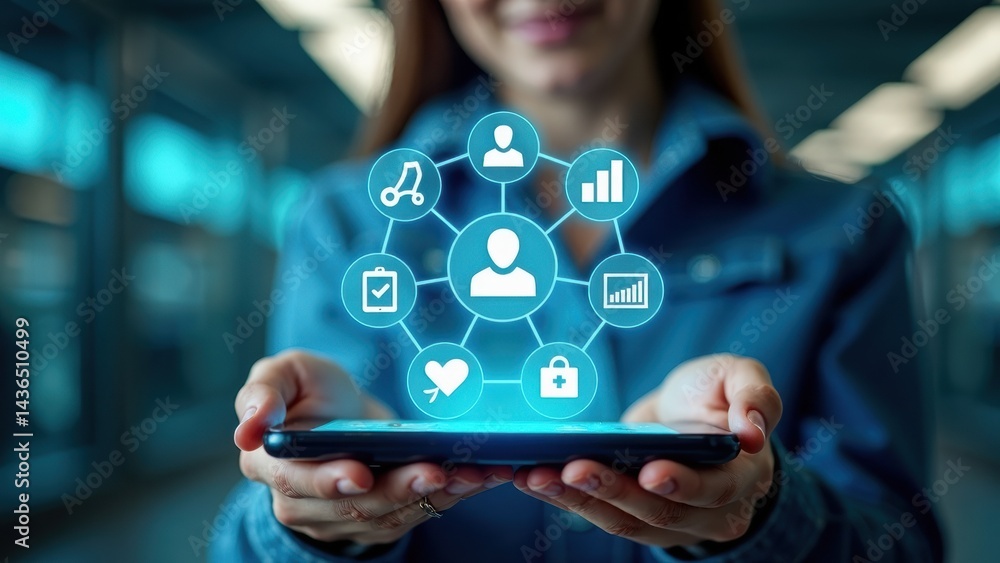 A person is analyzing a smartphone, surrounded by holographic icons that represent various technology themes. Bright lighting enhances the modern atmosphere.