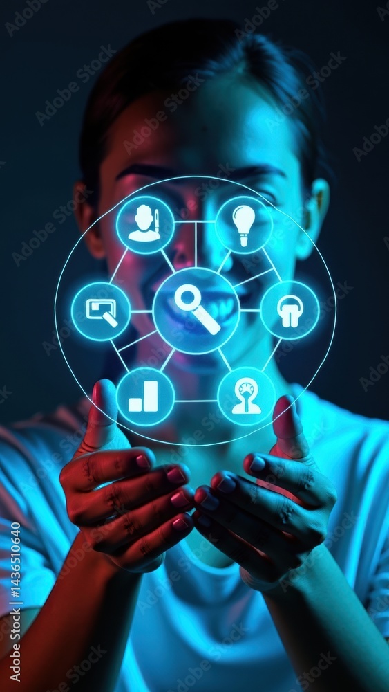 A person holds a hologram showcasing various technology icons, smiling and engaging the viewer with bright lighting and a modern color palette, signifying innovation.