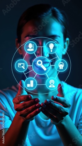 Obraz na płótnie A person holds a hologram showcasing various technology icons, smiling and engaging the viewer with bright lighting and a modern color palette, signifying innovation. w salonie