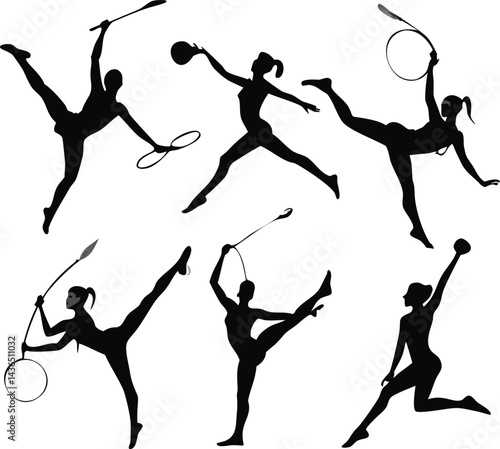 Silhouettes of Rhythmic Gymnasts with Apparatus