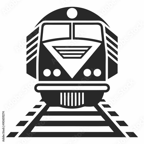 Front View Train Vector Icon in Black Silhouette Style on Railway Track