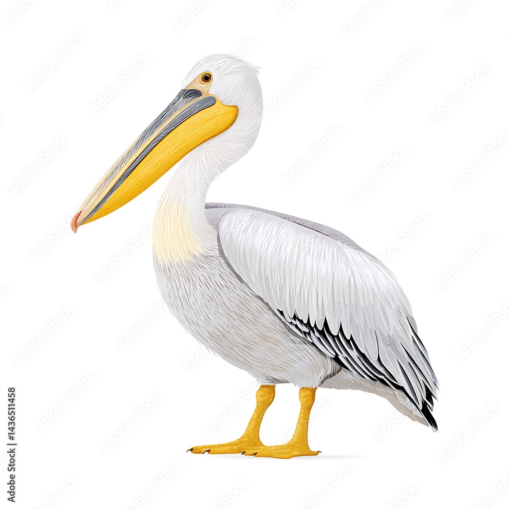 Obraz premium A detailed illustration of a great white pelican, showcasing its plumage, beak, and feet against a white background