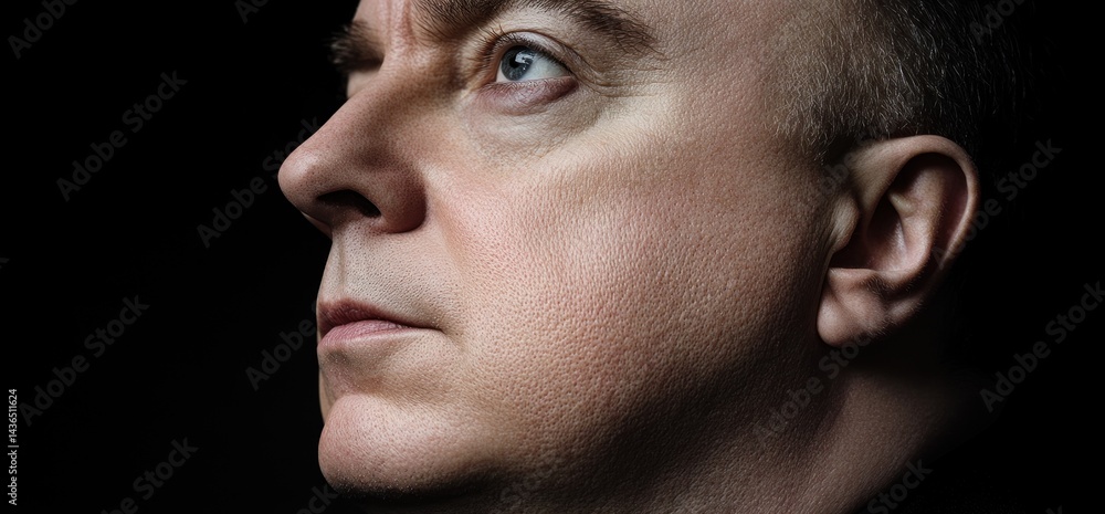 Man's profile, looking up, dark background, pensive mood, portrait Man's profile, looking up, dark background, pensive mood, portrait