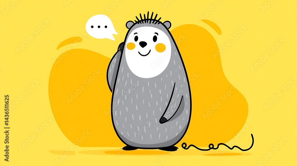 Obraz premium Cute gray cartoon creature with speech bubble, pondering