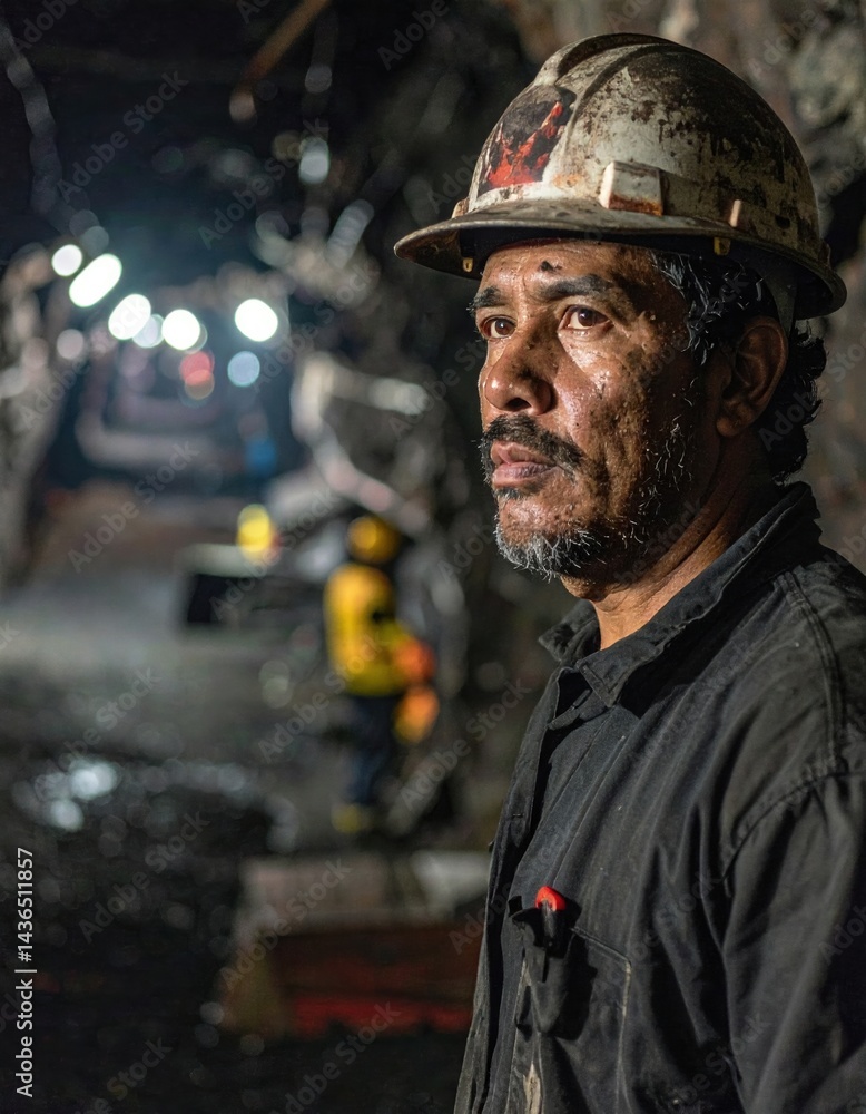 Hispanic male miner in underground tunnel with hard hat and safety gear Hispanic male miner in underground tunnel with hard hat and safety gear