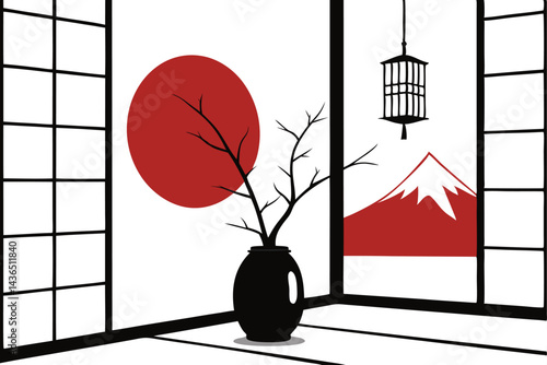 59 Minimalist interior design, Japanese inspired, red circle sun, bare tree in black vase, geometric shapes, hanging light bulb, mountain silhouette, white background, clean lines, zen aesthetic, mute