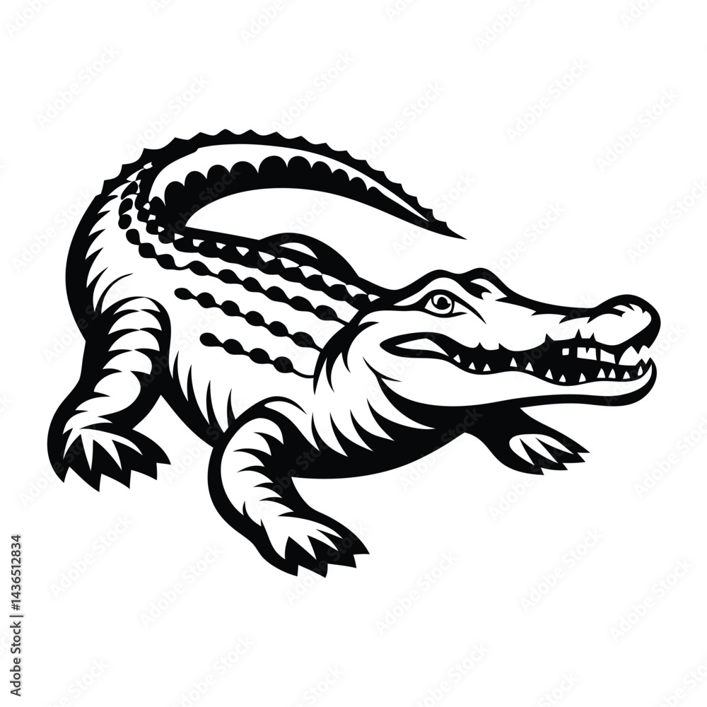 Alligator in Striking Black and White, Bold Outline, Decorative Scales, Eye Catching Alligator in Striking Black and White, Bold Outline, Decorative Scales, Eye Catching