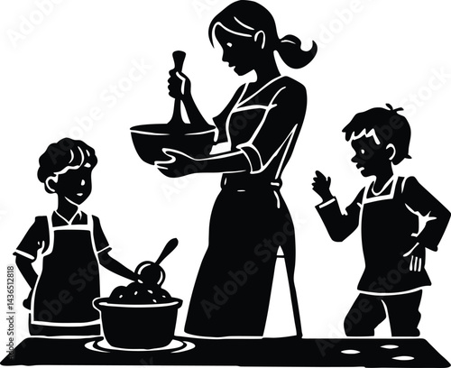mom cooking with kids silhouette