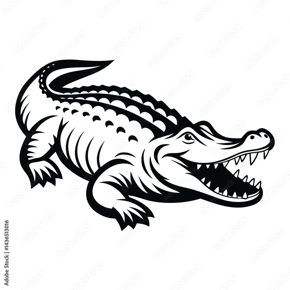 Alligator Black and White Isolated Reptile with Open Mouth & Sharp Teeth Alligator Black and White Isolated Reptile with Open Mouth & Sharp Teeth