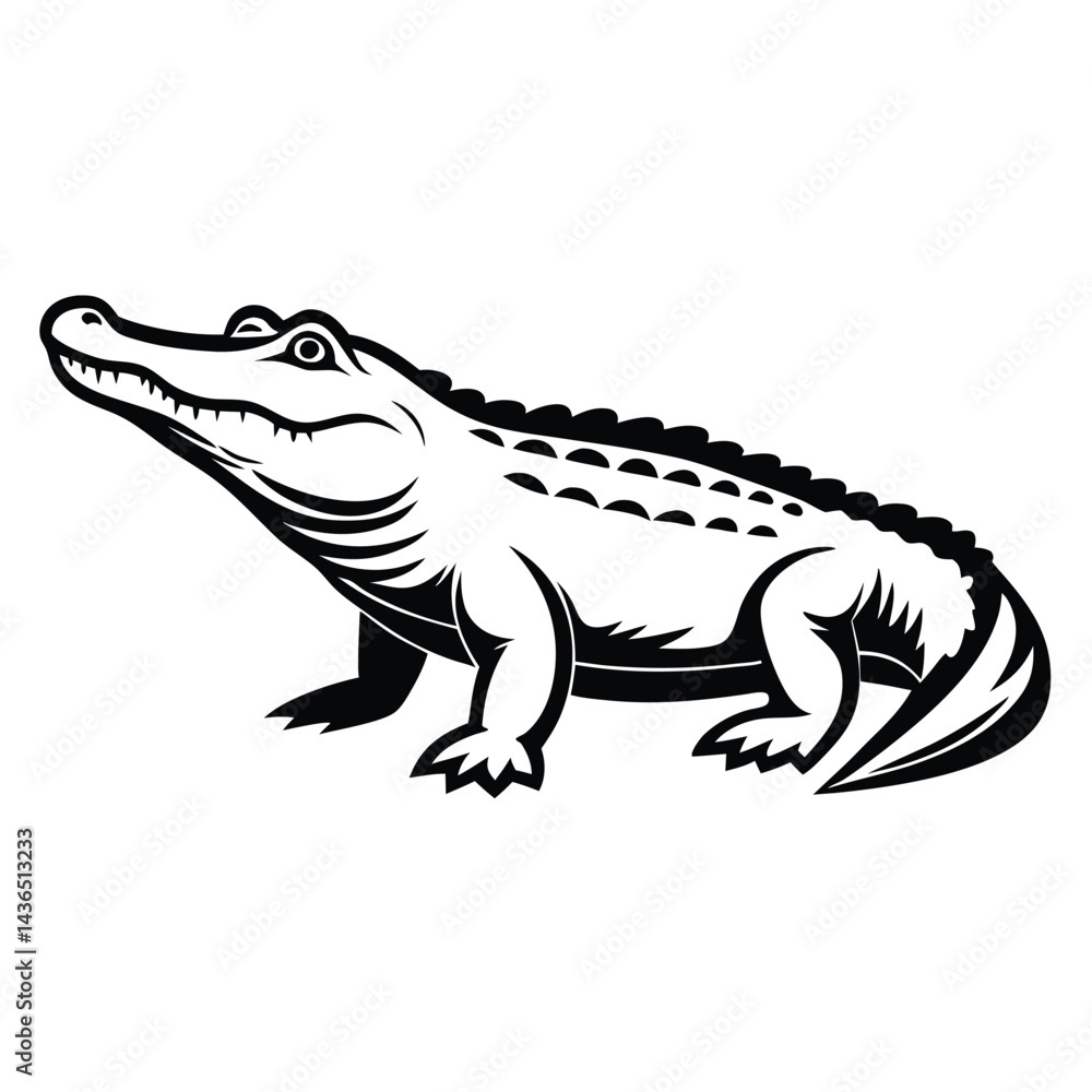 Fototapeta premium Standing Alligator, Reptile Silhouette, Wildlife Predator, Wild Animal, Black and White Art