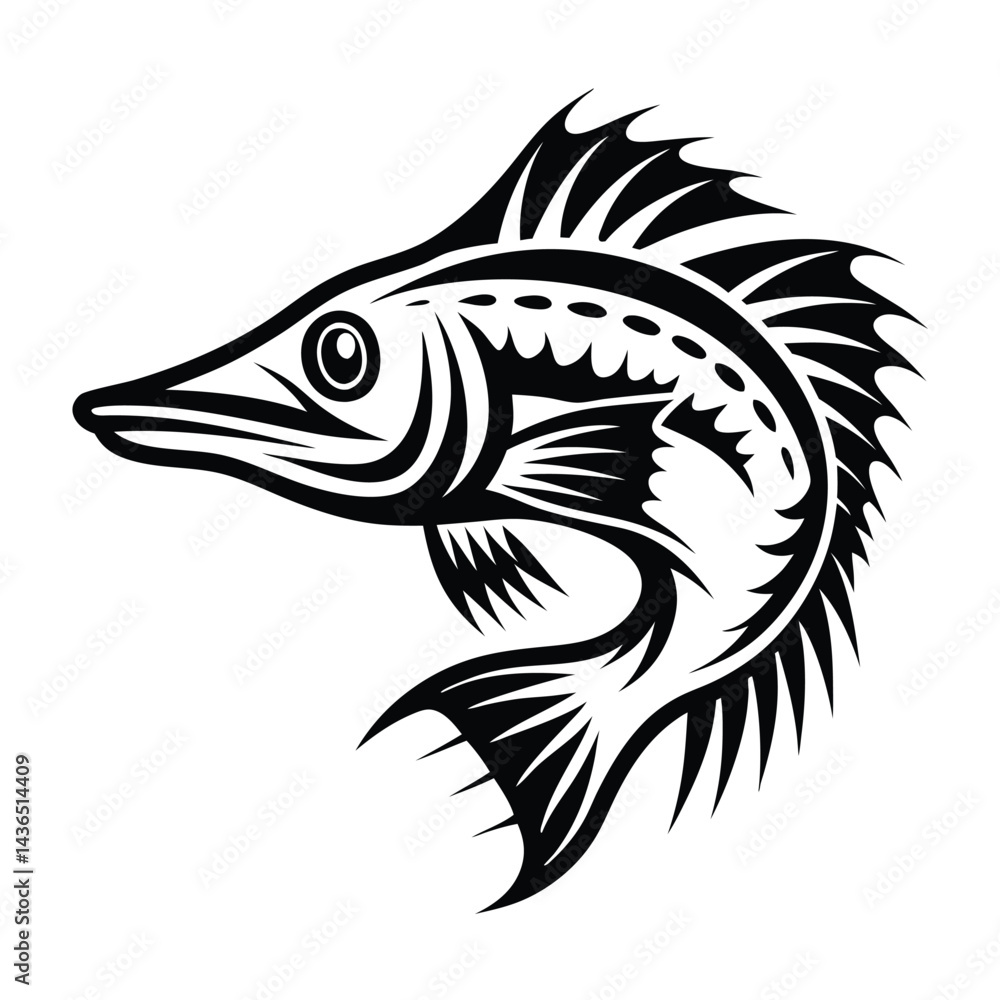 Stylized Monochrome Fish Illustration, Ornamental Fins and Sharp Spikes, Isolated Design Stylized Monochrome Fish Illustration, Ornamental Fins and Sharp Spikes, Isolated Design