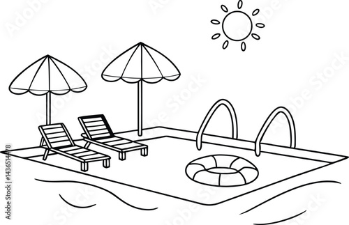 Poolside Relaxation Scene With Chairs Umbrella And Sunny Weather In Vector Illustration