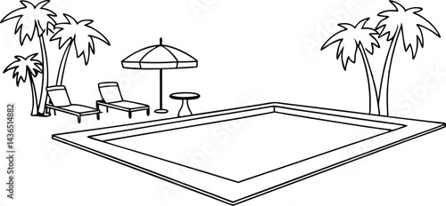 Line Art Illustration Of Swimming Pool With Palm Trees And Deck Chairs