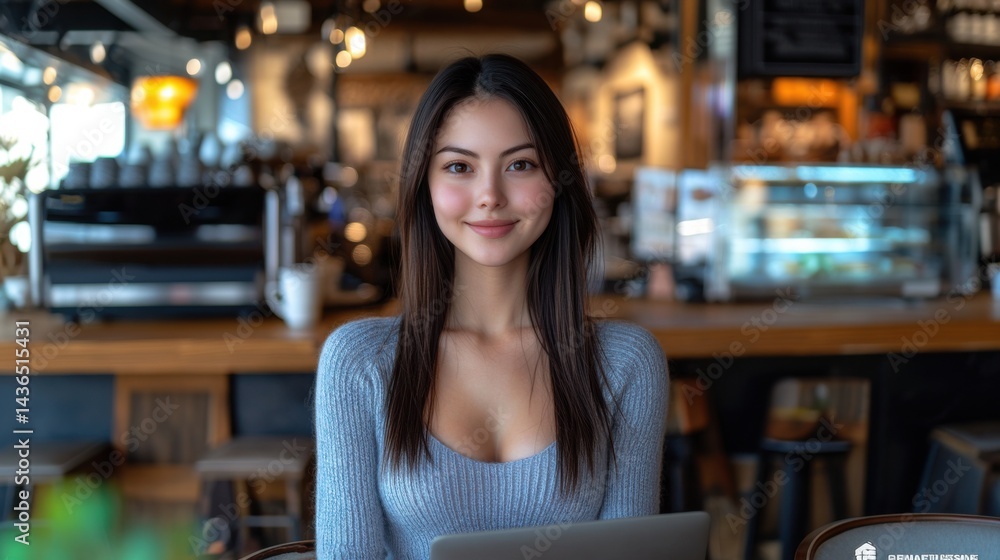 Woman Working on Laptop in Coffee Shop, Smiling Woman Working on Laptop in Coffee Shop, Smiling
