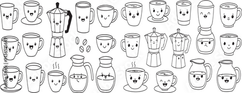  funny cartoon illustrations with smiling character, coffee cup mascot, print and sticker Vector logo design template and graphic elements for advertising, branding.