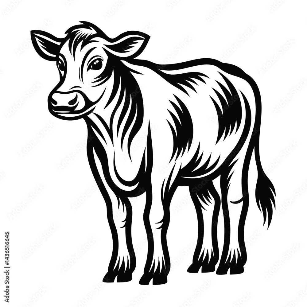 Fototapeta premium Standing Calf in Black & White Farm Animal Artwork, Simple Design