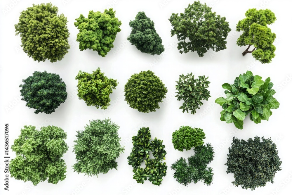 Aerial view of various lush green trees showcasing diverse shapes and sizes isolate on white background Aerial view of various lush green trees showcasing diverse shapes and sizes isolate on white background
