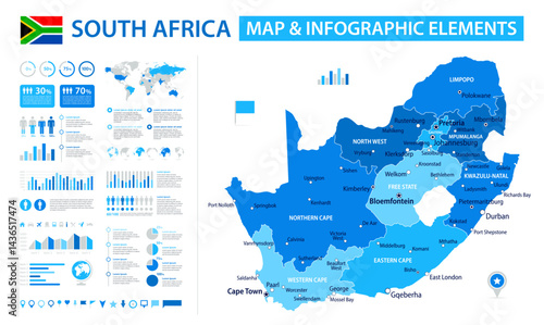 South Africa Infographic Map with Data Visualization Elements - Vector Map of South African Republic