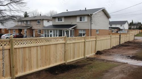 A newly installed wooden fence runs along the edge of a suburban neighborhood, separating residential homes. The sky is overcast, hinting at possible rain.