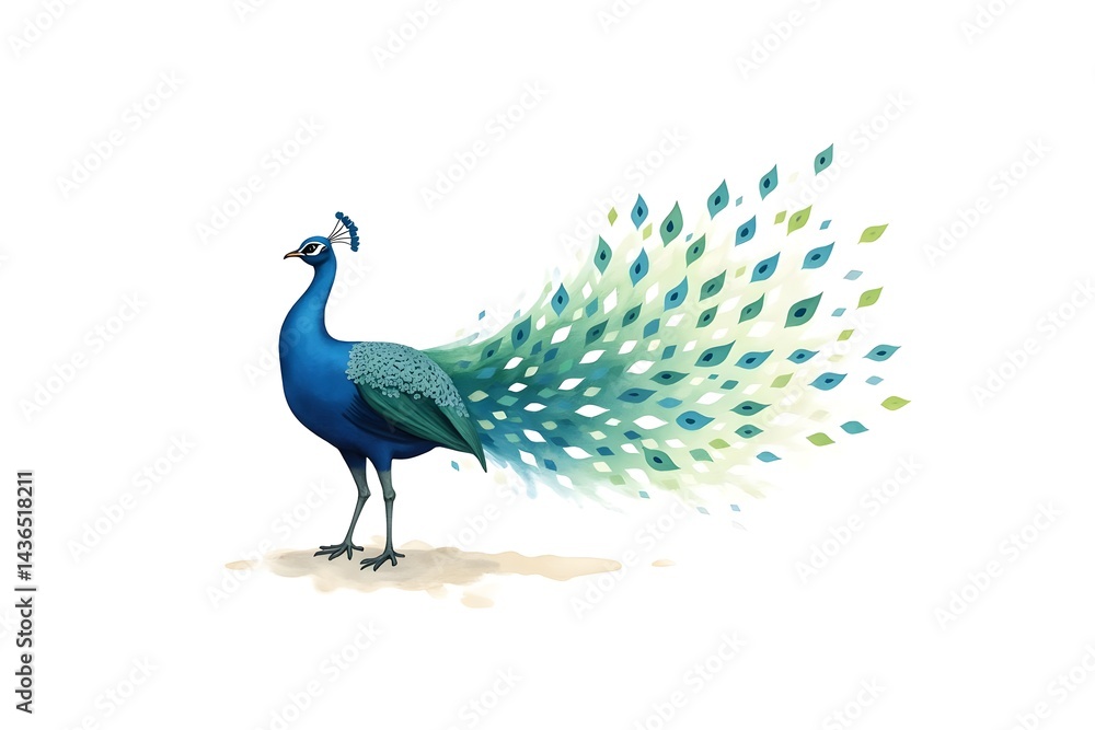 Fototapeta premium Watercolor Peacock, Colorful Bird, Isolated on White Background