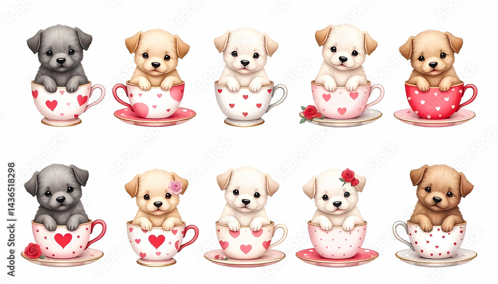 Obraz premium Cute watercolor puppies nestled in heart-decorated teacups, a sweet illustration for valentines.