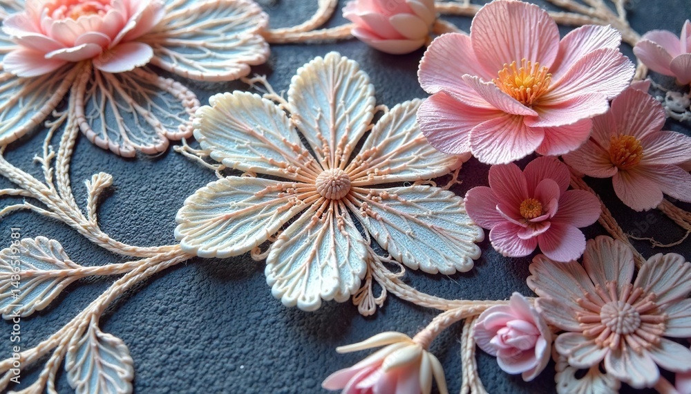 Fototapeta premium Intricate floral lace, delicate threads woven tightly , detail, lace, mesh