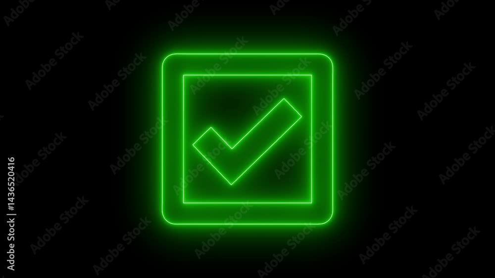 Neon Checkmark Symbol Animation on Black Background, Glowing tickmark animated Neon Checkmark Symbol Animation on Black Background, Glowing tickmark animated