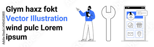 Man presenting with clipboard, wrench tool, mobile device showing user profile and icons. Ideal for business workflow, digital tools, mobile interface, user experience, technical support, design