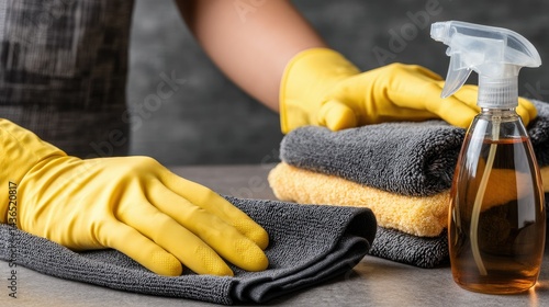 Cleaning supplies with rubber gloves and towels arranged on a table during a home cleaning routine in a modern kitchen environment