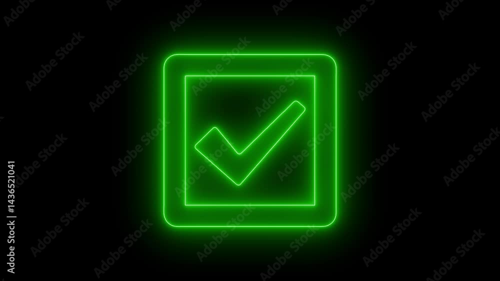 Neon Checkmark Icon Animation on Black Background, Glowing symbol of tickmark animation Neon Checkmark Icon Animation on Black Background, Glowing symbol of tickmark animation