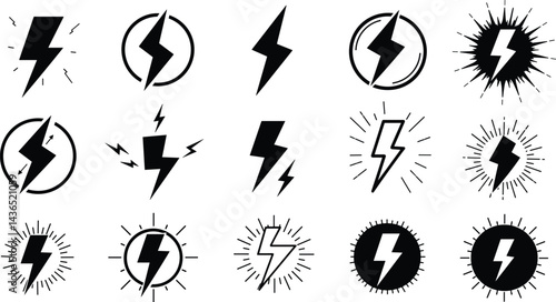 Lightning bolt icons set, black outline of flash lightning bolt icon vector illustration.
