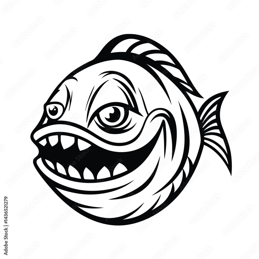 Monochrome Aggressive Cartoon Piranha with Sharp Teeth and Big Eyes Monochrome Aggressive Cartoon Piranha with Sharp Teeth and Big Eyes