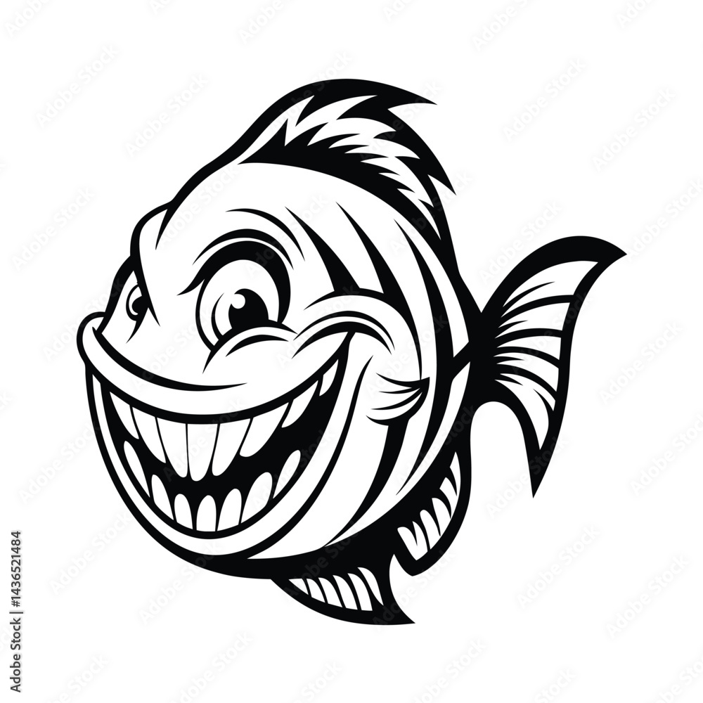 Black and White Fish Cartoon with Jagged Fins and Sharp Teeth Smiling Design Black and White Fish Cartoon with Jagged Fins and Sharp Teeth Smiling Design