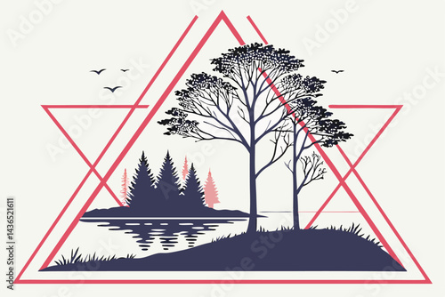 63 Geometric landscape, reflective water, abstract trees, pyramid shapes, overlapping triangles, seasonal transitions, minimalist art, symmetrical composition, nature blend, muted colors, soft focus e