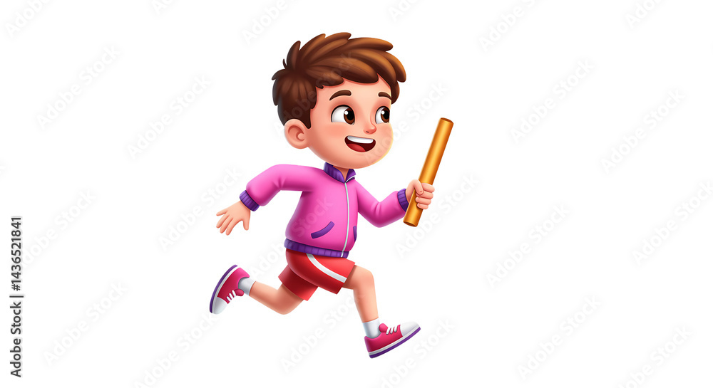 A cartoon boy runs with a baton, wearing a pink jacket and red shorts, symbolizing youth, sports, and active lifestyle in vibrant animation. A cartoon boy runs with a baton, wearing a pink jacket and red shorts, symbolizing youth, sports, and active lifestyle in vibrant animation.