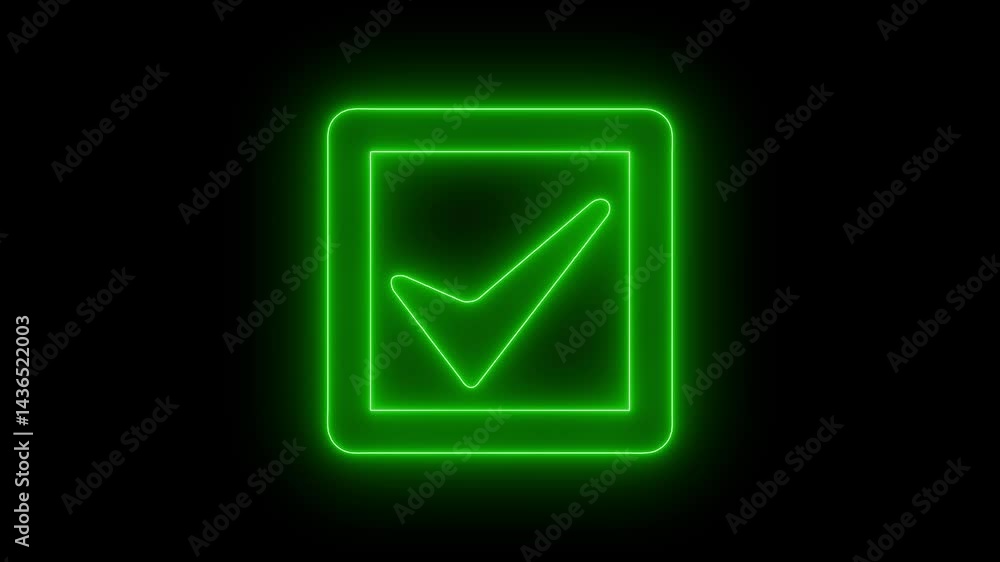 Checkmark Icon Animation on Black Background, Neon Tick mark Animated symbol Checkmark Icon Animation on Black Background, Neon Tick mark Animated symbol