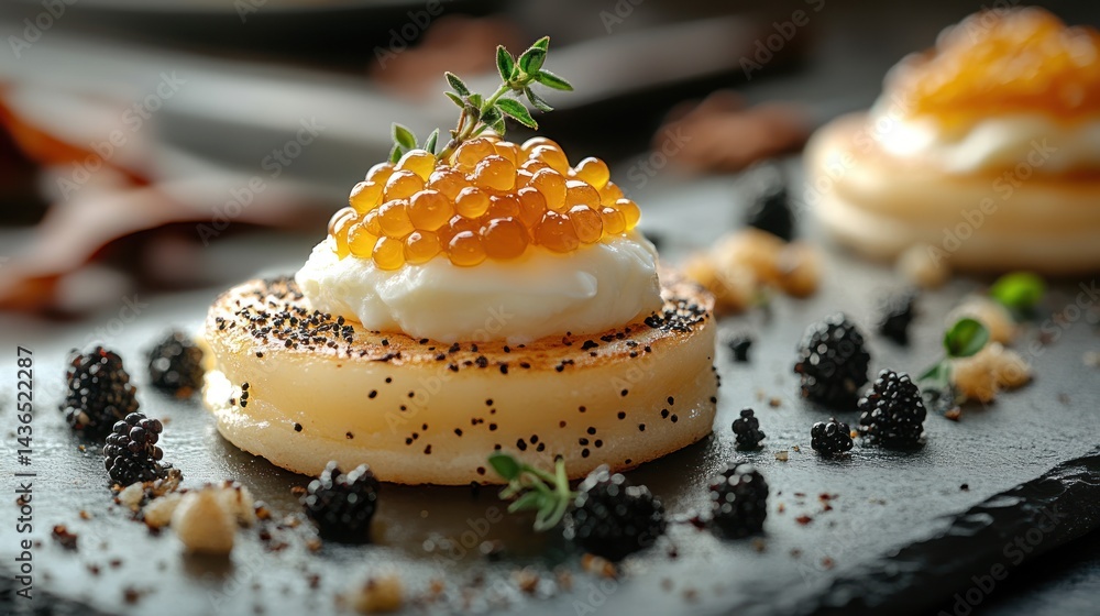 Appetizer with caviar cream cheese and fruit on a dark surface. Appetizer with caviar cream cheese and fruit on a dark surface.