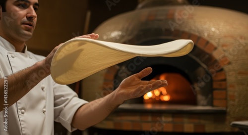 Pizzaiolo tossing pizza dough in the air with frozen motion, wood-fired oven for baking pizza in the background, dynamic, rustic, and professional atmosphere.