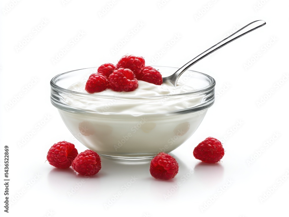 Yogurt with raspberries in bowl isolated on white background Yogurt with raspberries in bowl isolated on white background