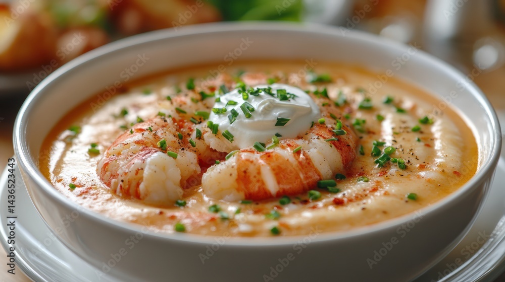 Bowl of creamy soup with shrimp, herbs, and a dollop of cream. Bowl of creamy soup with shrimp, herbs, and a dollop of cream.