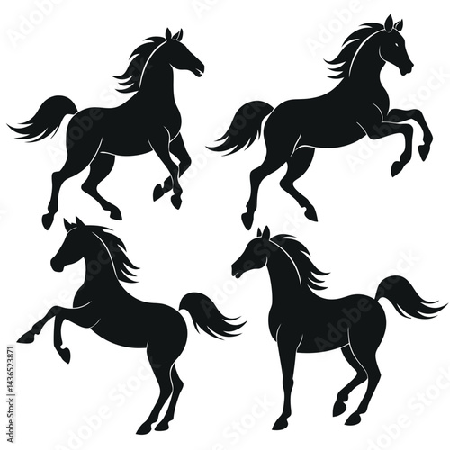 Four Black Horse Silhouettes in Dynamic Poses