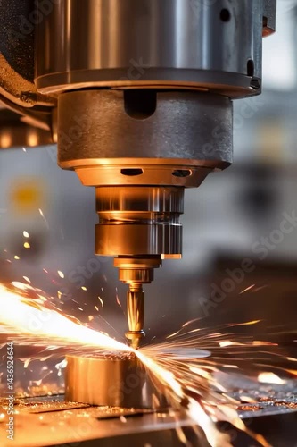 Close-up of a CNC machine drill operating on a metal surface in a workshop, highlighting precision engineering, manufacturing, and industrial technology themes

